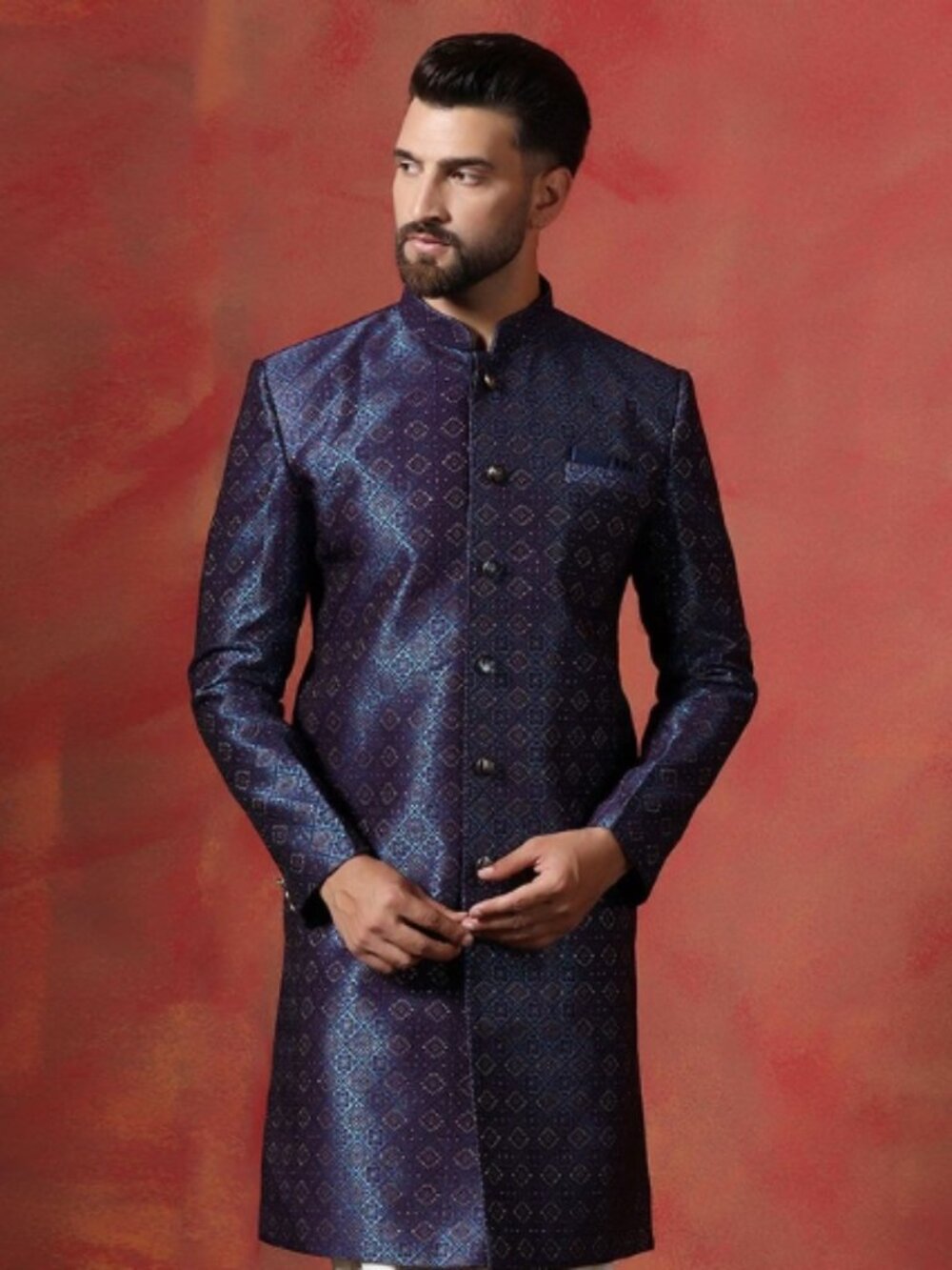 Navy Blue Embroidered Jacquard Sherwani Indian Wedding